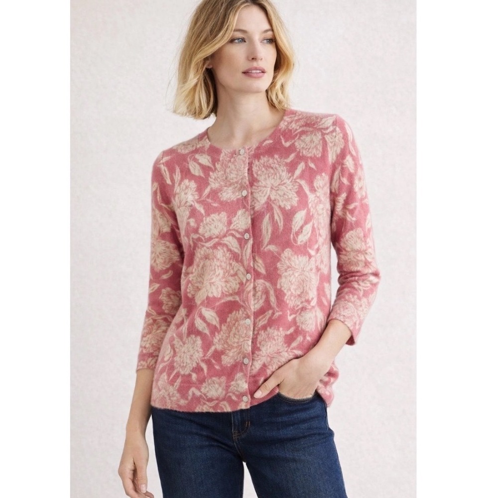 Talbots Pure 100% Cashmere Pink & Ivory Cardigan Grandma chic Sweater size XL